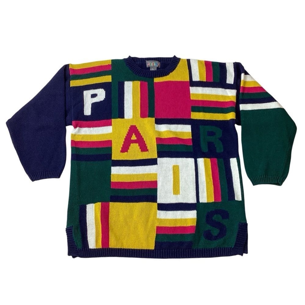 Vintage Paris Sport Club Chunky Patchwork Knit Sweater Pullover Oversized L
